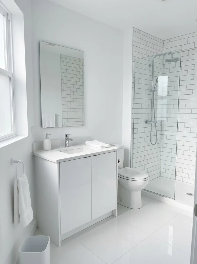 Bright white high-gloss bathroom showing the classic all-white design trend.