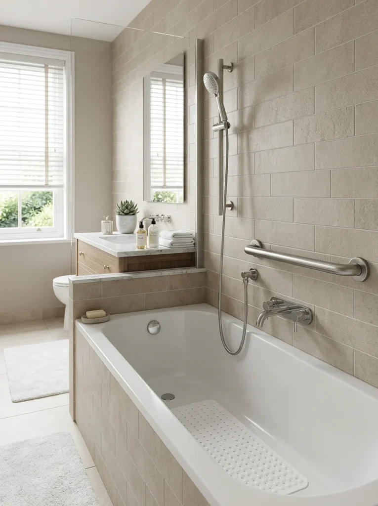 Bathtub featuring grab bar and non-slip surface for children.
