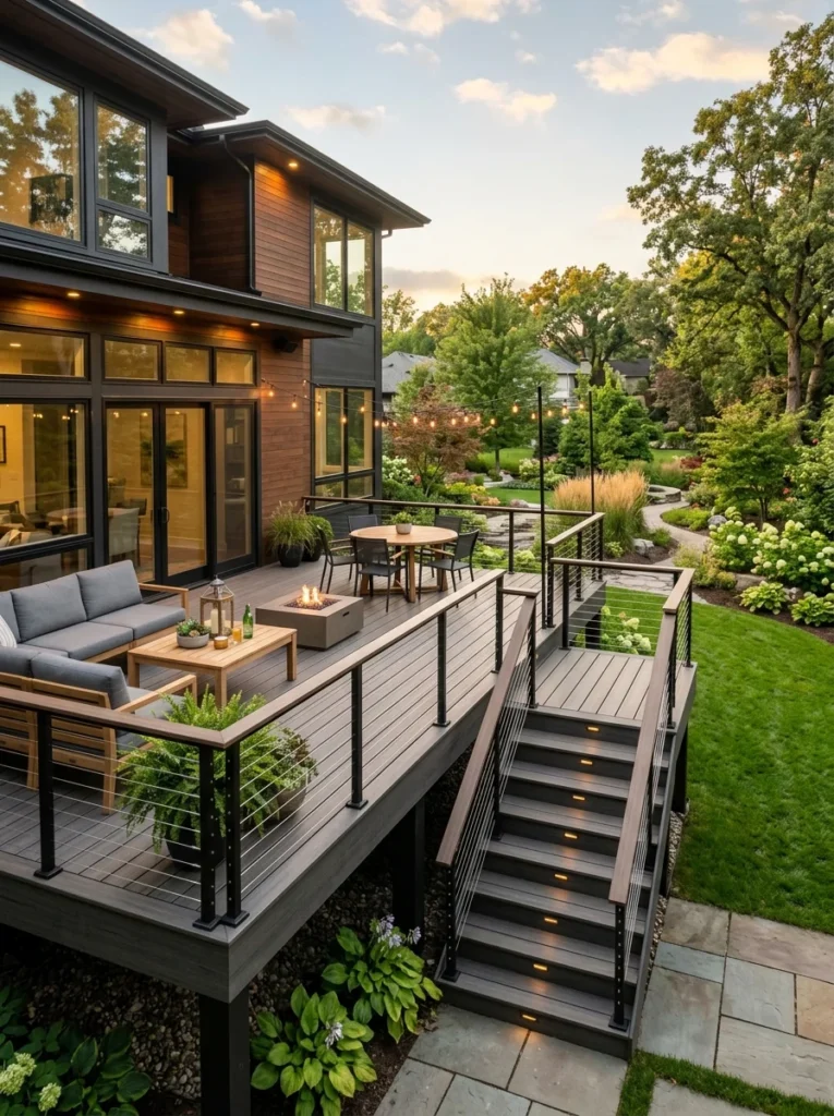 Modern raised composite deck attached to a contemporary home.