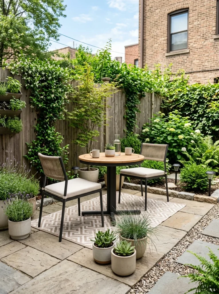 Apartment-sized outdoor furniture in a small backyard patio.