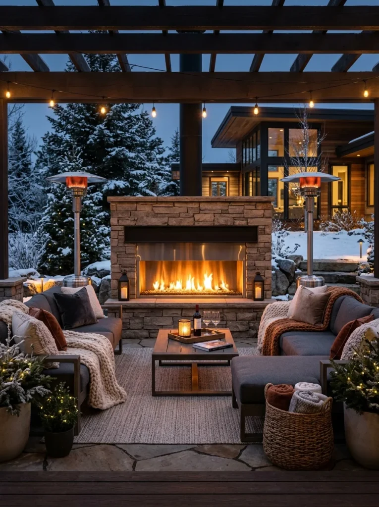 Outdoor fireplace and patio heater creating warmth in a cozy backyard living space.