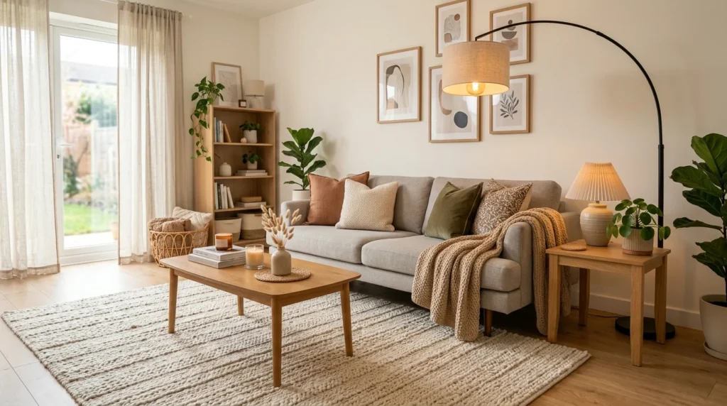 Living room featuring a statement rug, floor lamp, and decorative cushions for an affordable makeover.
