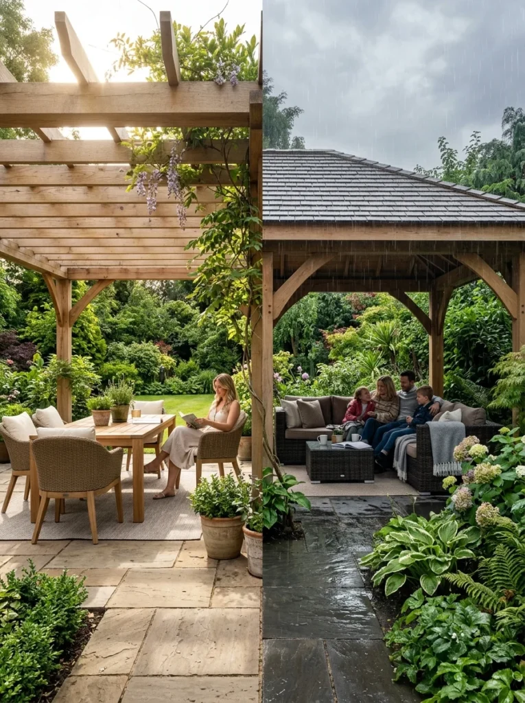 Pergola providing filtered sunlight beside a gazebo offering full rain protection.