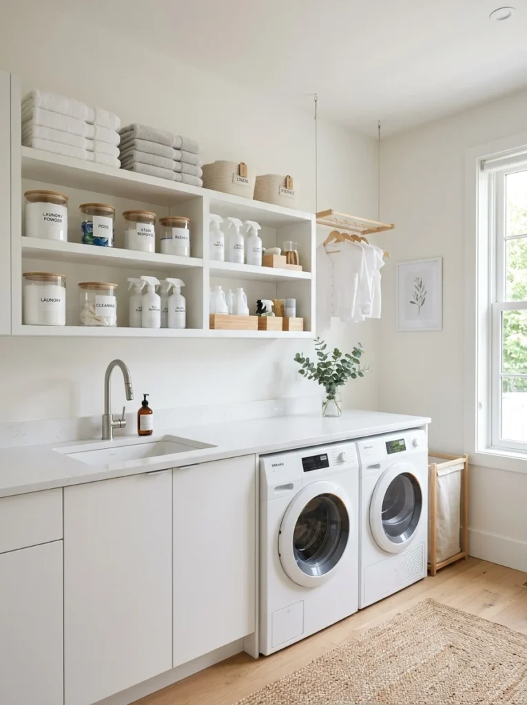Organized laundry room after decluttering and rearranging storage.