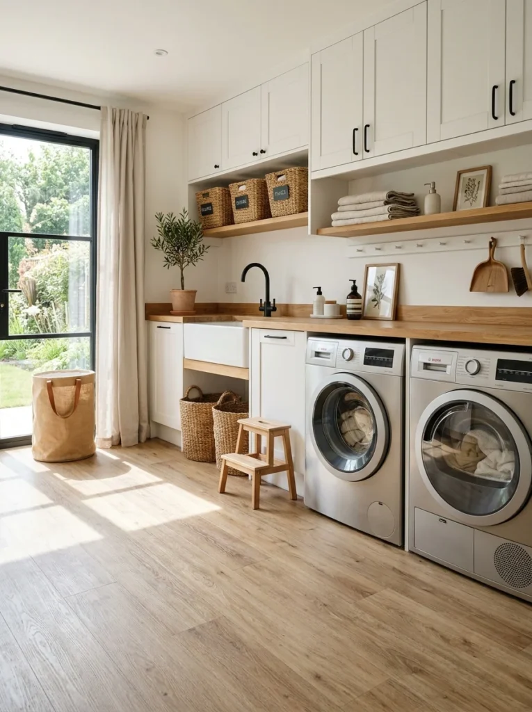 Modern laundry room with waterproof luxury vinyl plank flooring.