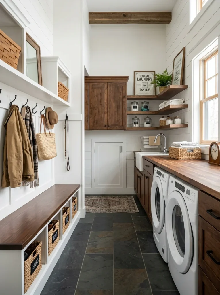Small laundry room and mudroom divided into organized entry and laundry areas.