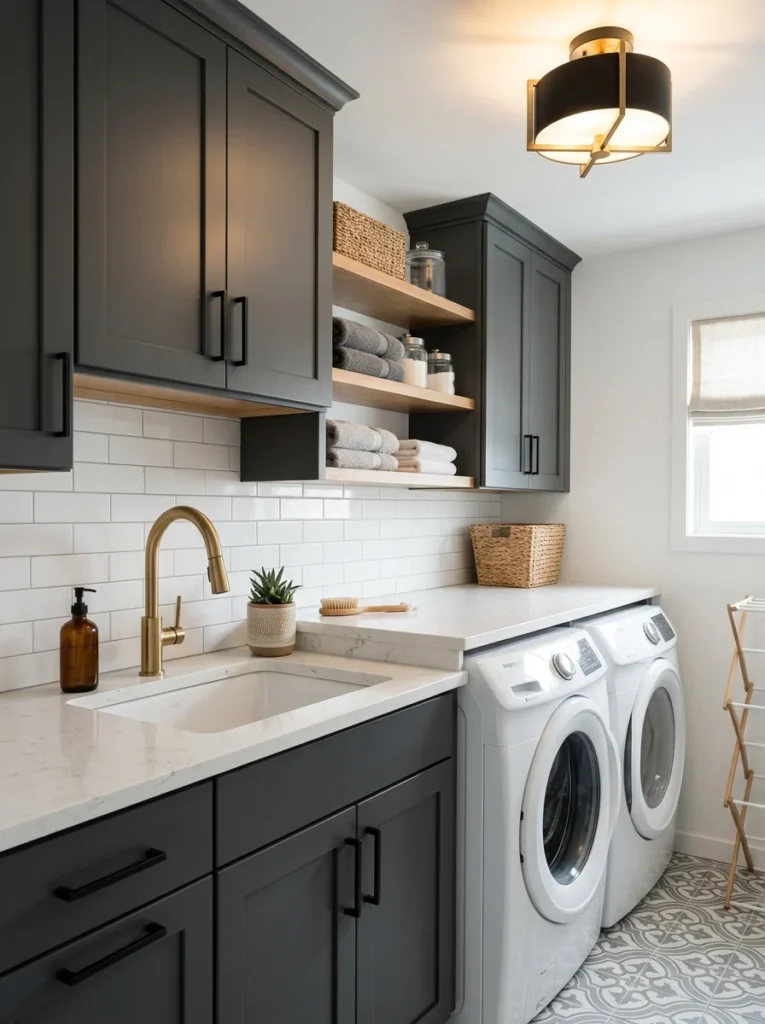 New cabinet hardware and lighting refreshing a laundry room.
