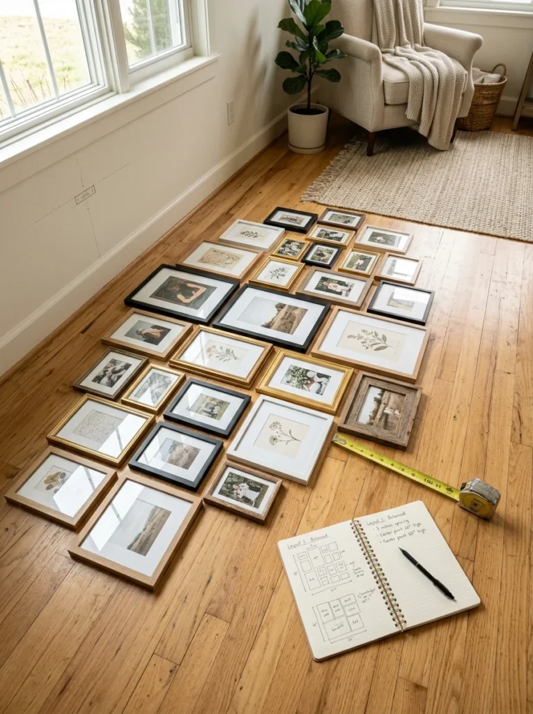 Picture frames arranged on the floor before hanging.