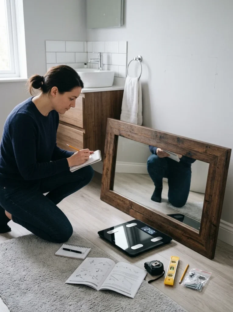 Heavy wall mirror being weighed on a scale before selecting mounting hardware.