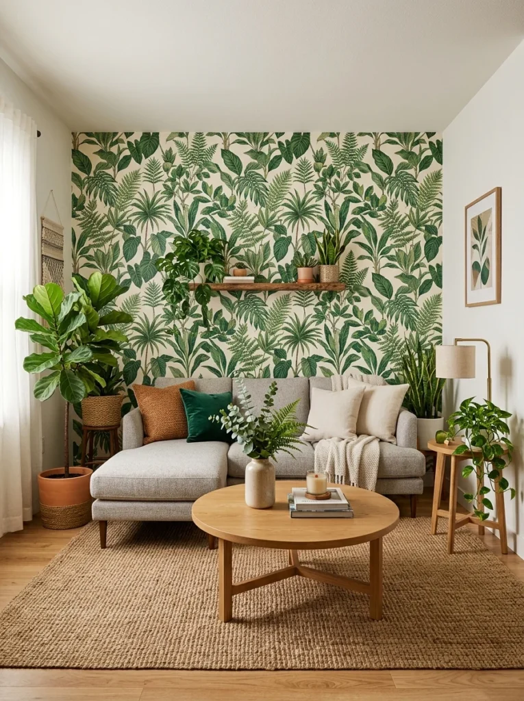 Modern rental living room with removable peel-and-stick wallpaper.