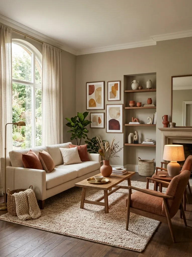 Living room featuring artwork that complements accent colors in cushions, rugs, and decorative accessories.