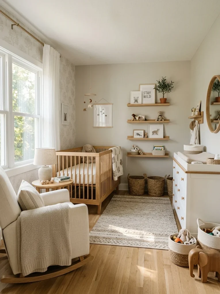 Nursery with a natural oak crib, white dresser, and timeless neutral furniture finishes.