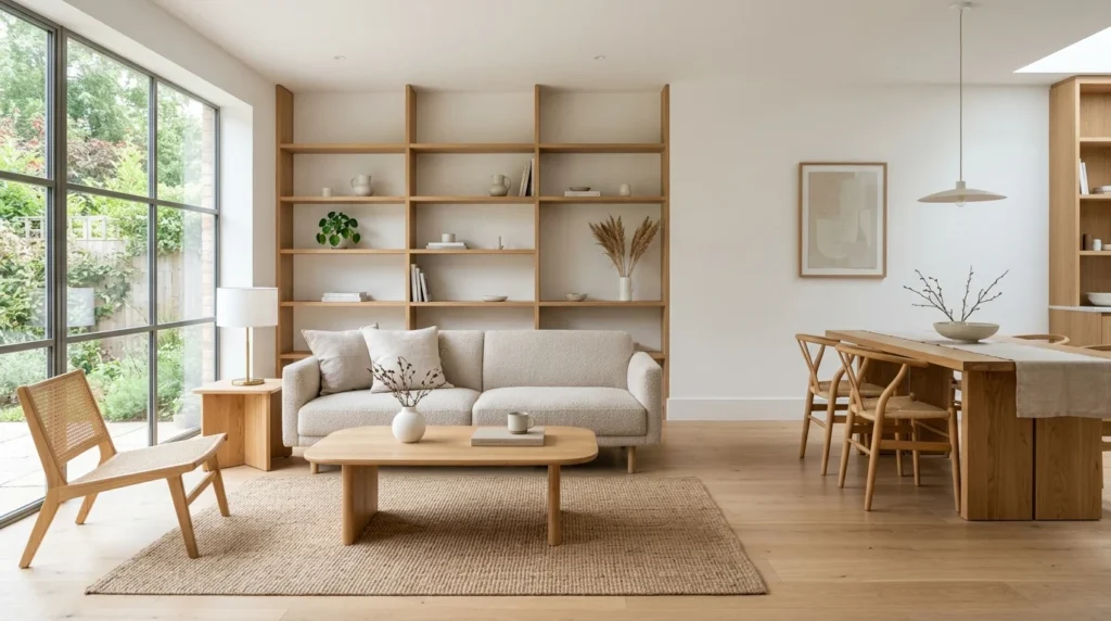 Oak furniture bringing warmth to a minimalist living room.