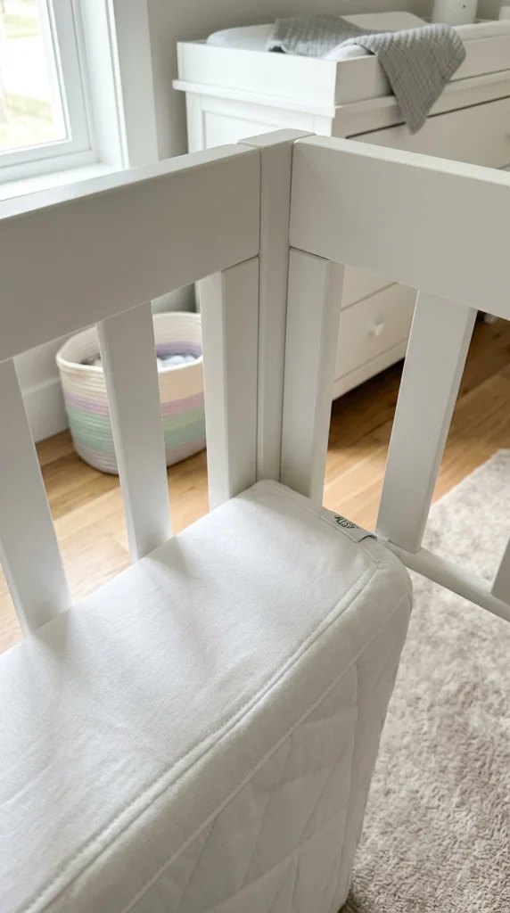 Firm crib mattress fitting securely inside a baby crib.
