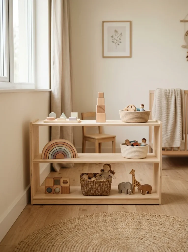 Organized Montessori toy shelf with a small selection of educational toys.