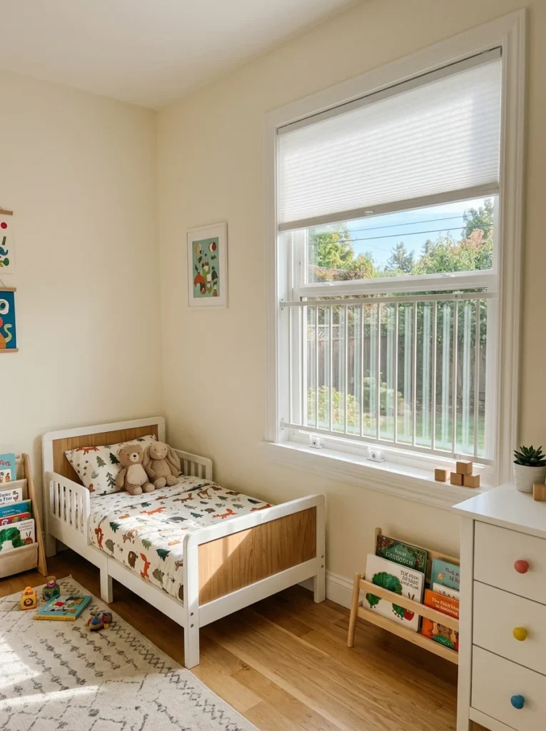 Kids' bedroom window with cordless blinds and window safety guards.