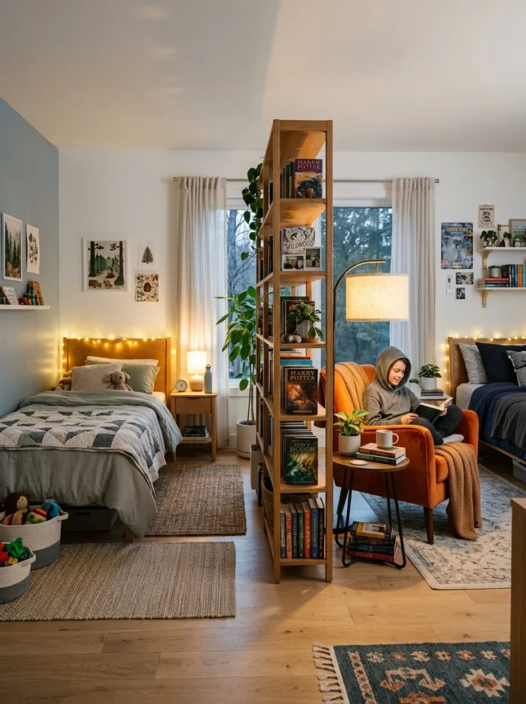 Bookshelf room divider creating privacy in a shared children's bedroom.