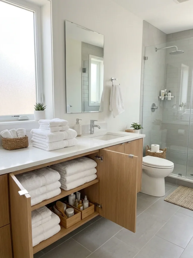 Small organized bathroom helping build decluttering momentum.