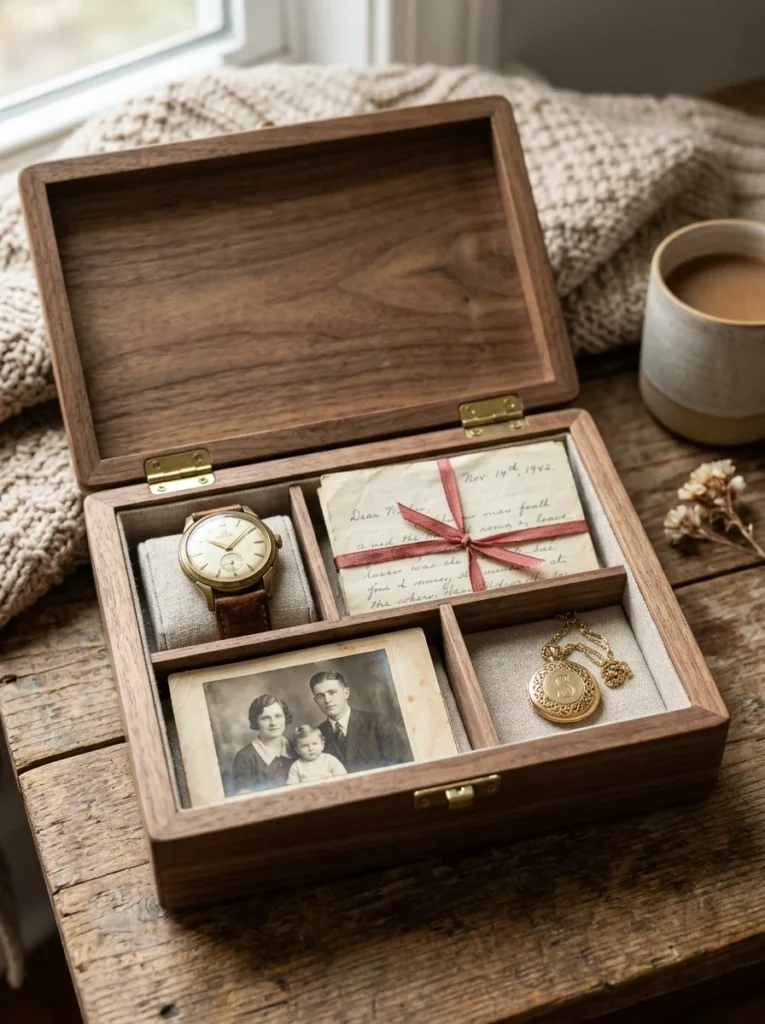 Small collection of treasured family heirlooms neatly arranged inside a keepsake box.
