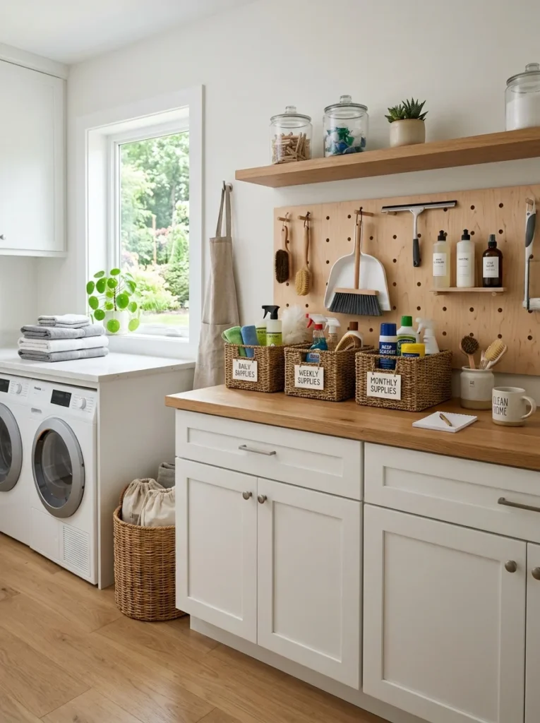 Organized cleaning supplies grouped by daily weekly and monthly tasks.