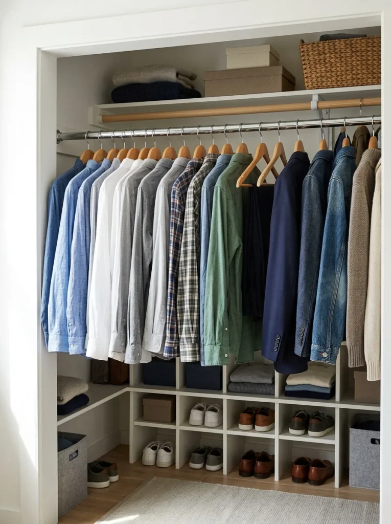 Closet using backward hangers to monitor clothing usage.