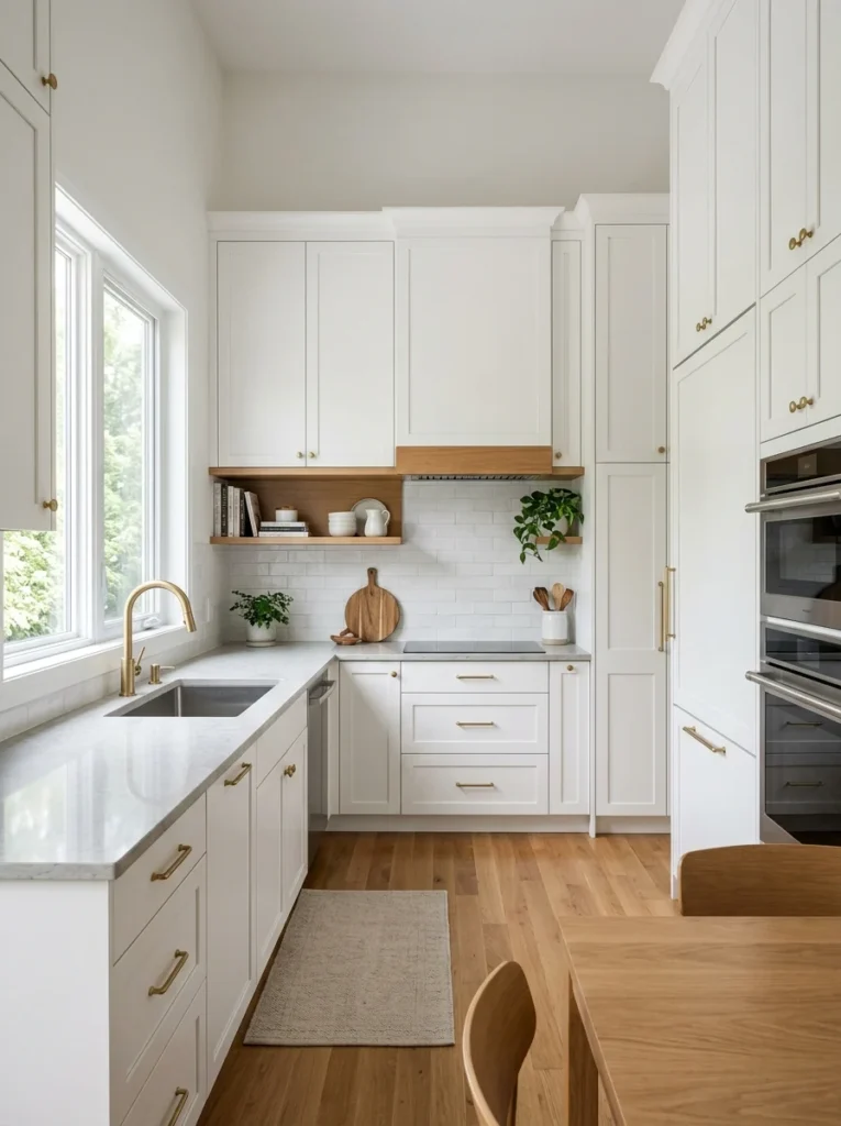 Small kitchen with full-height cabinets extending to the ceiling for extra storage.