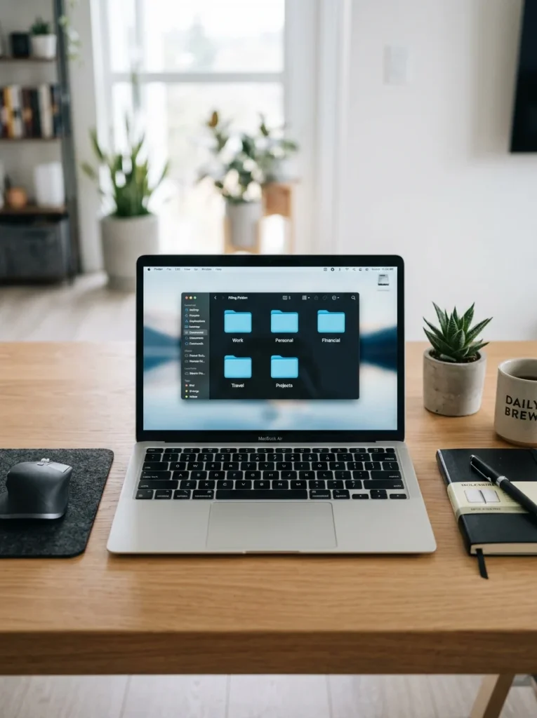 Computer displaying neatly organized folders for work, personal, and financial documents.