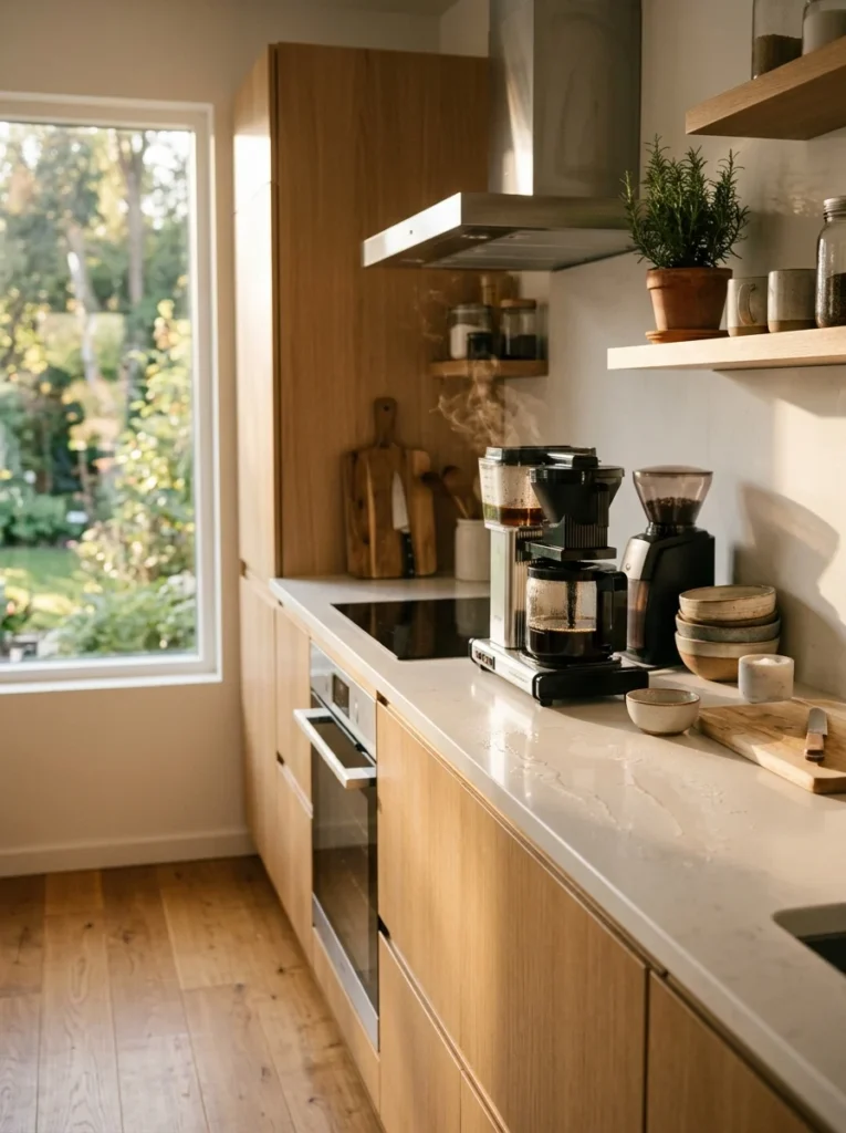 Person cleaning the kitchen counter while making morning coffee.