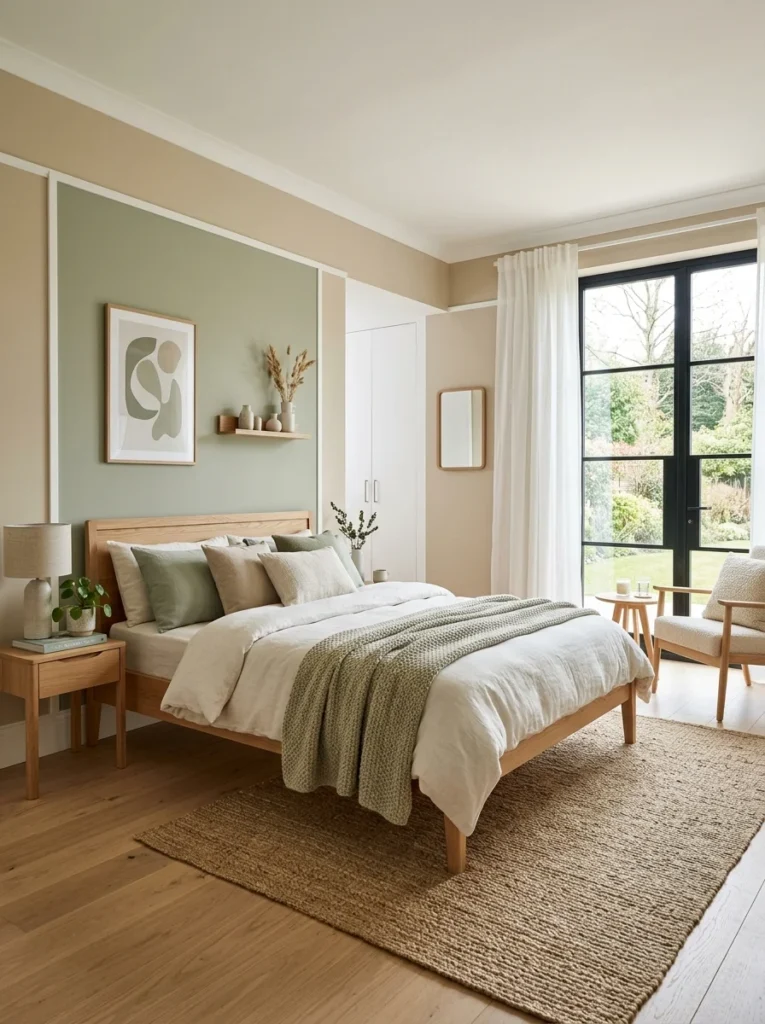 Bedroom with soft neutral paint colors creating a peaceful relaxing atmosphere.