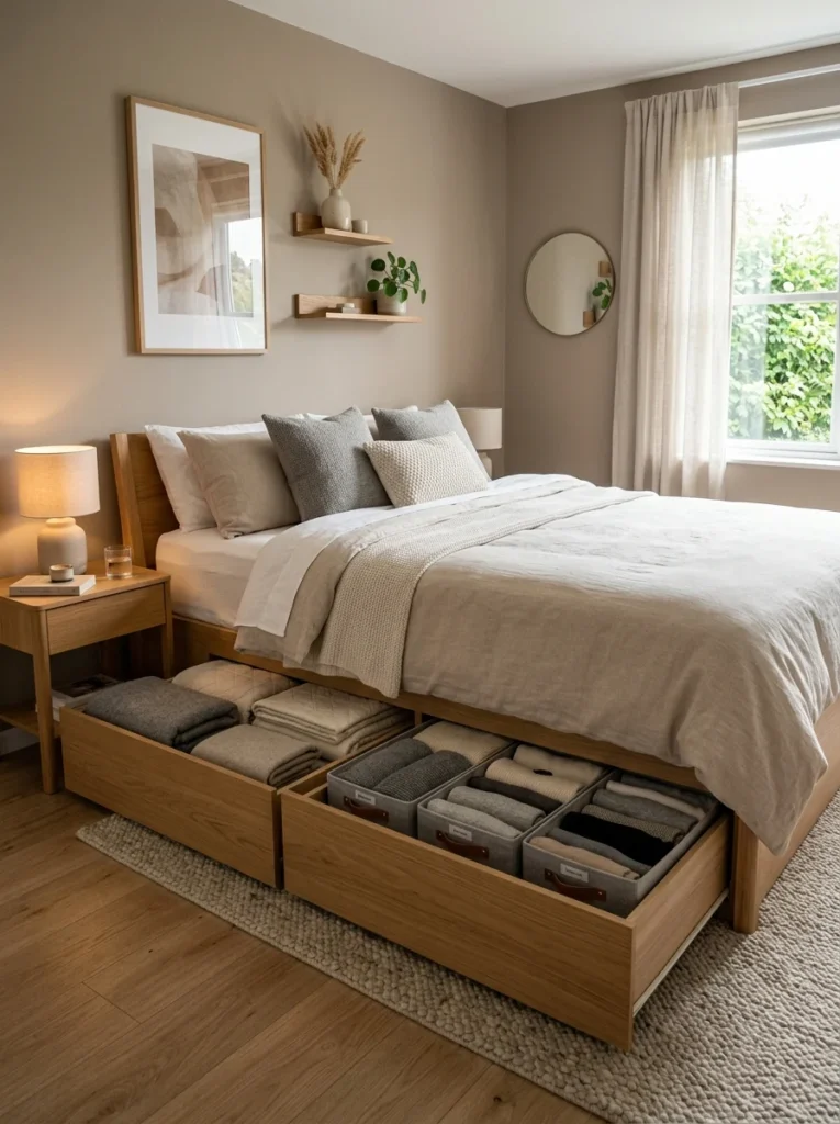 Storage bed with drawers and hidden organization underneath in a small bedroom.