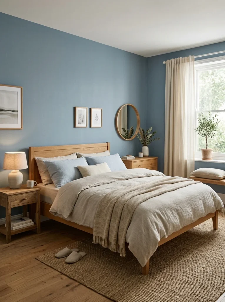 Soft blue and sage green bedroom designed for relaxation and better sleep.