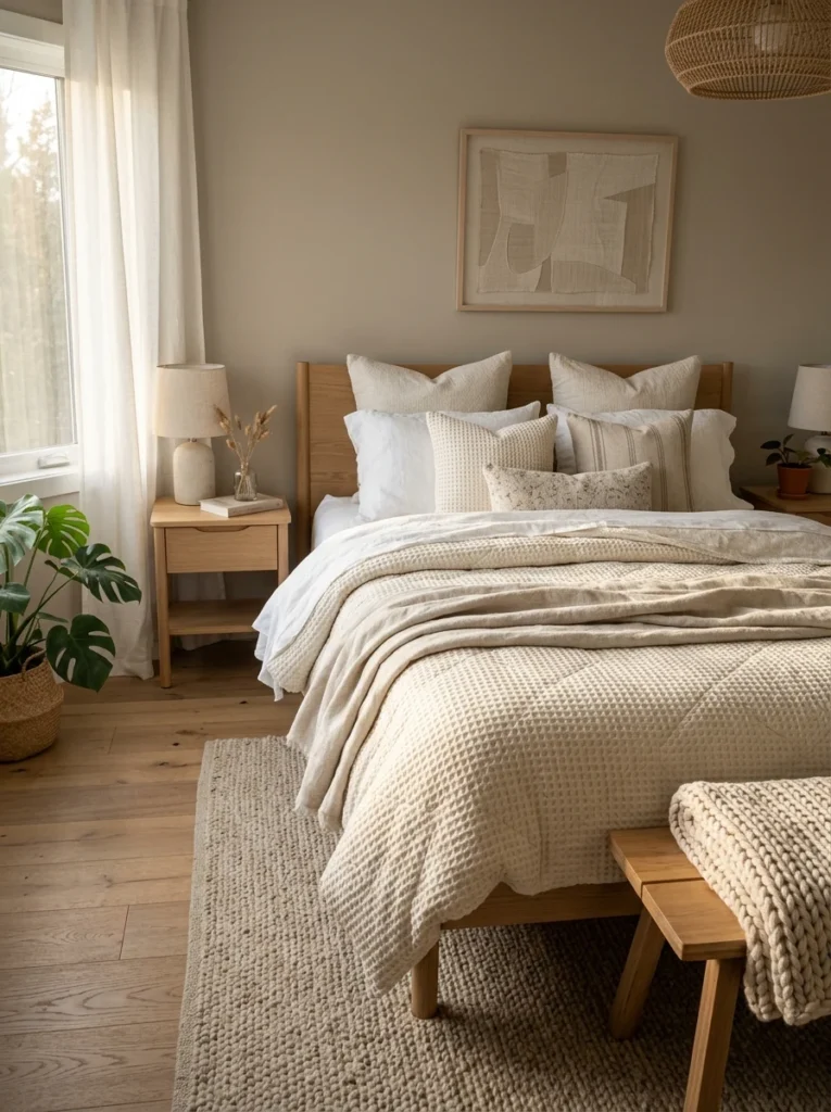 Neutral textured duvet adding depth and elegance to a layered bed.
