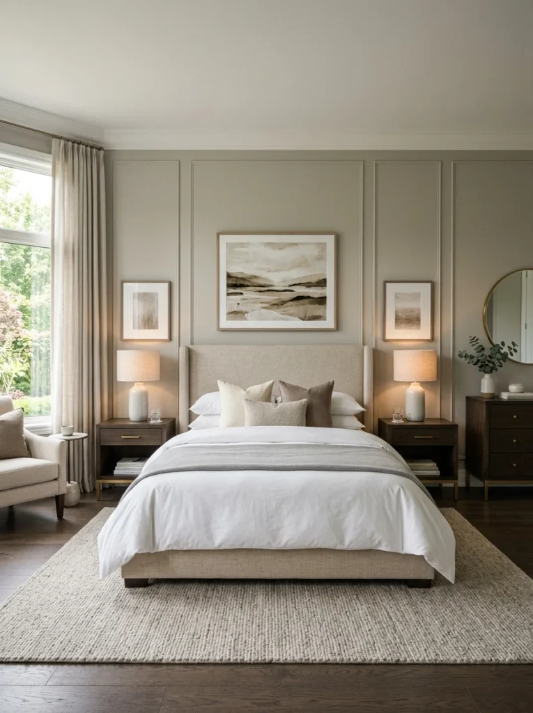 Primary bedroom with a centered king bed creating a balanced and functional room layout.