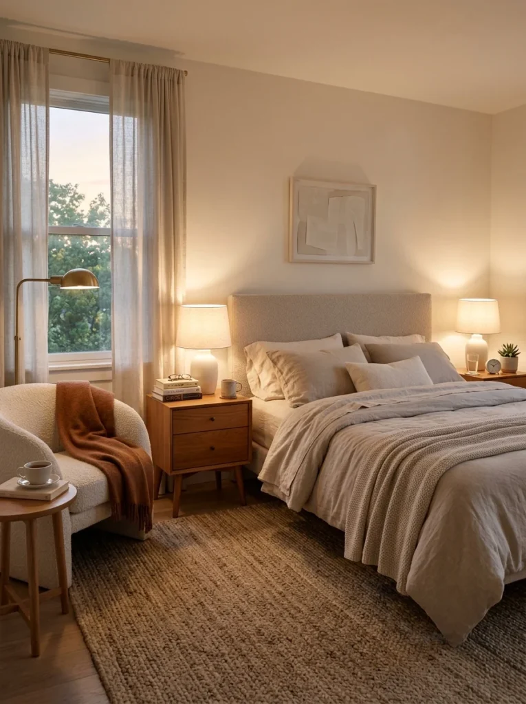 Matching bedside lamps providing warm reading light in a relaxing bedroom.