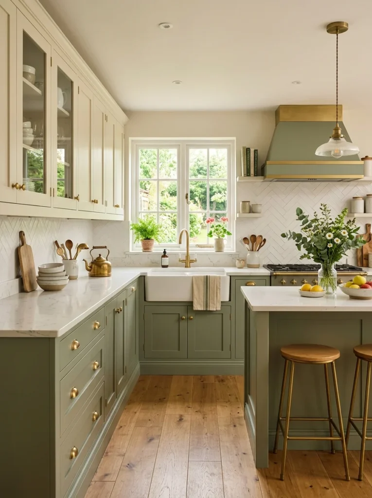 Modern kitchen with sage green lower cabinets and cream upper cabinets.