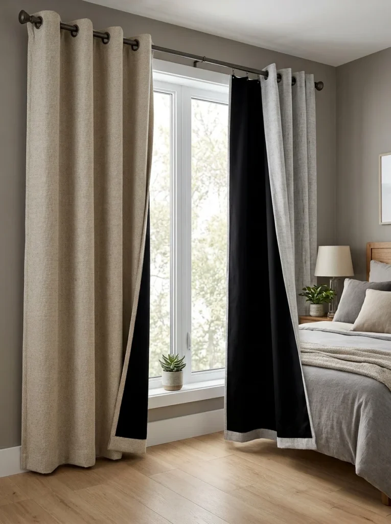 Triple-weave blackout curtain compared with a curtain using a blackout liner.