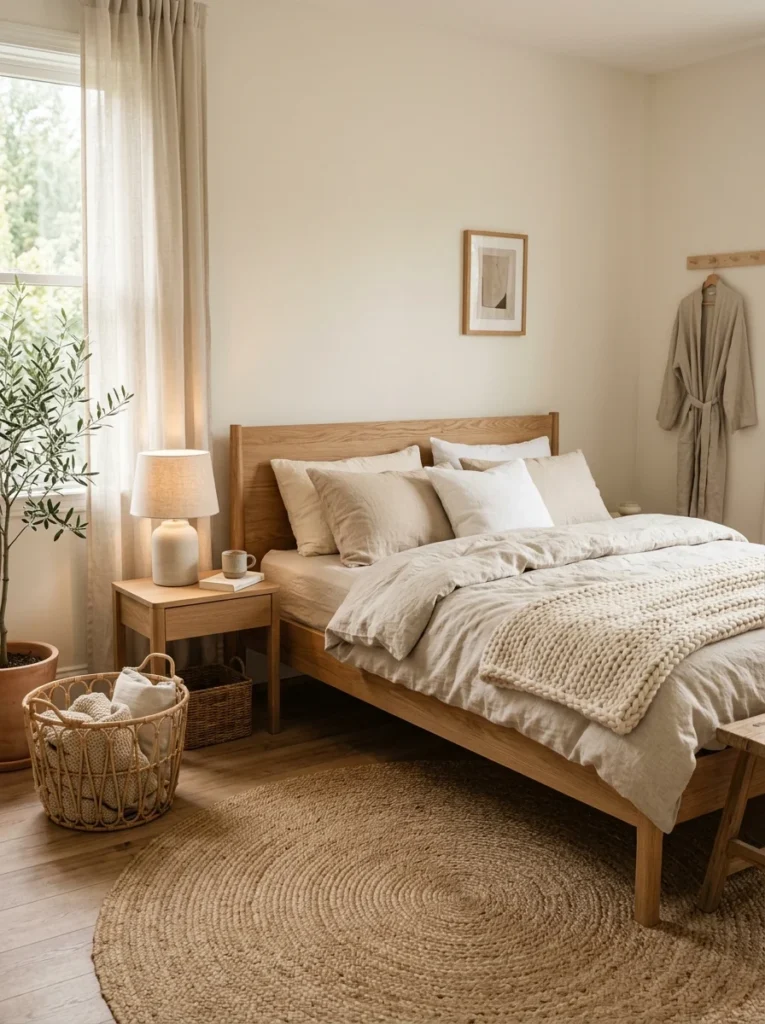 Cozy minimalist bedroom featuring oak furniture, linen bedding, woven rug, and natural textured decor.