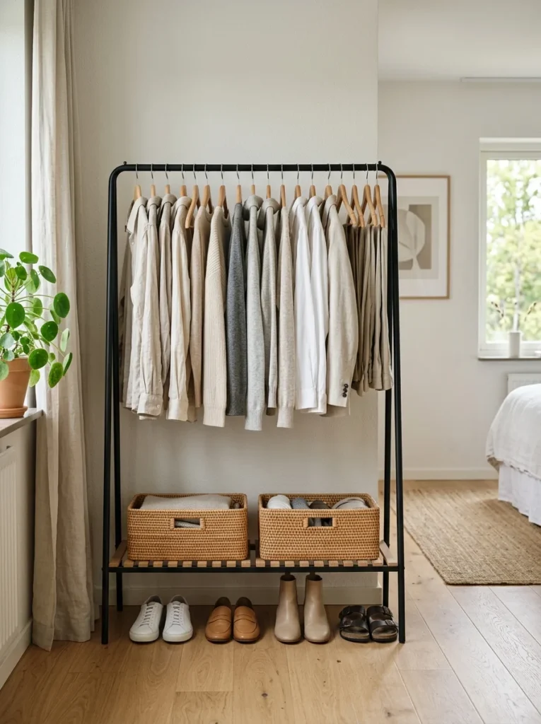Open clothing rack with organized clothes providing stylish storage in a small bedroom.