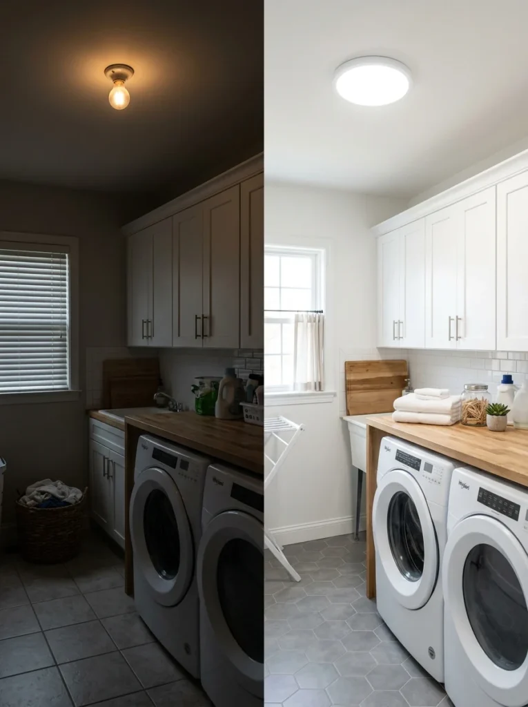 Bright modern ceiling light replacing an old dim fixture in a laundry room for better visibility.