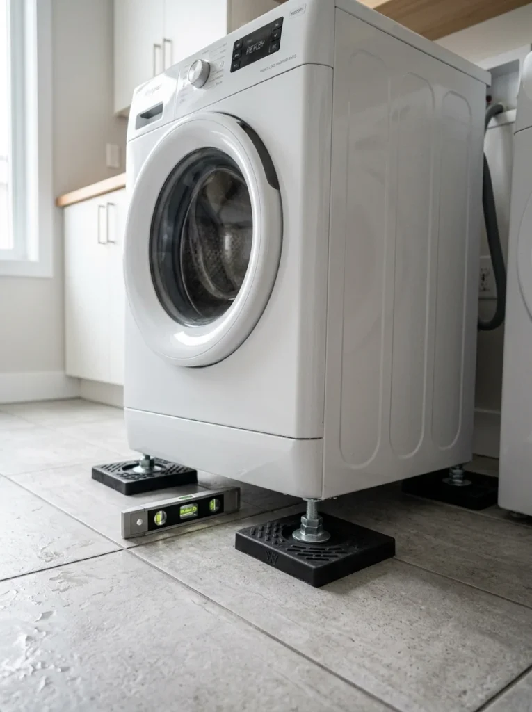 Washing machine leveled with anti-vibration pads installed under each foot.
