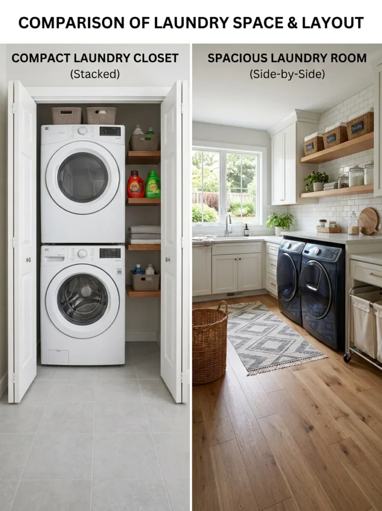 Compact stacked laundry setup compared with a spacious side-by-side laundry room.