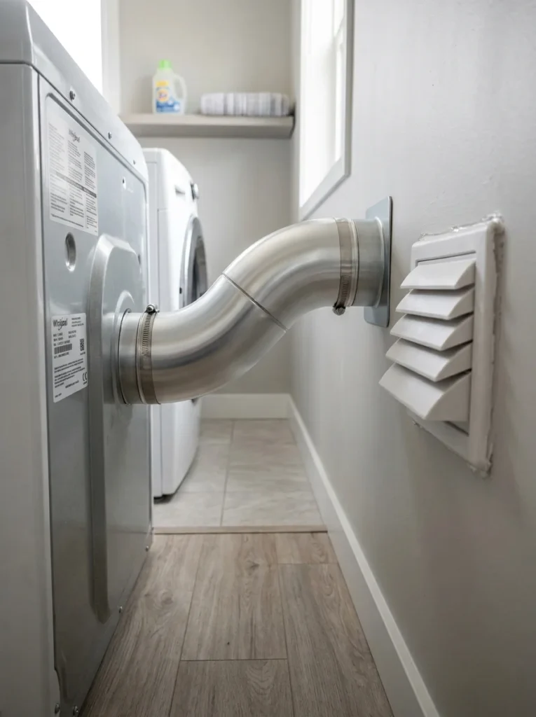 Dryer vent securely connected to an exterior wall for proper moisture removal.