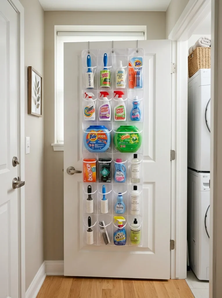 Clear over-the-door organizer storing laundry essentials in a compact closet.