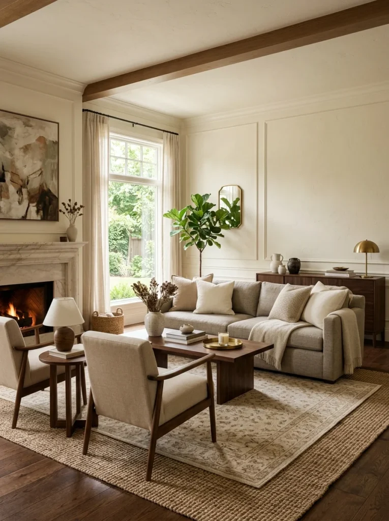 Neutral living room featuring layered cream and greige tones with rich depth.