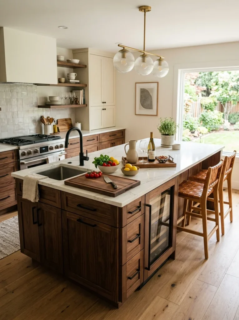 Modern kitchen island designed around food preparation and storage needs.