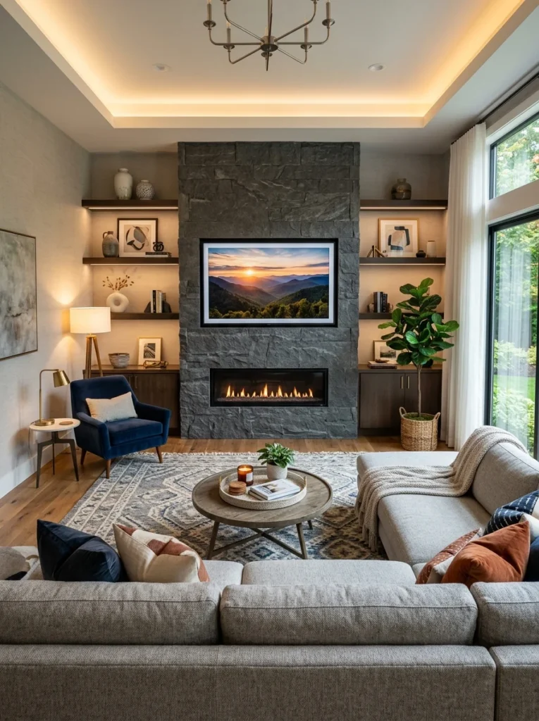 Sectional sofa facing a fireplace to create a natural focal point in the living room.