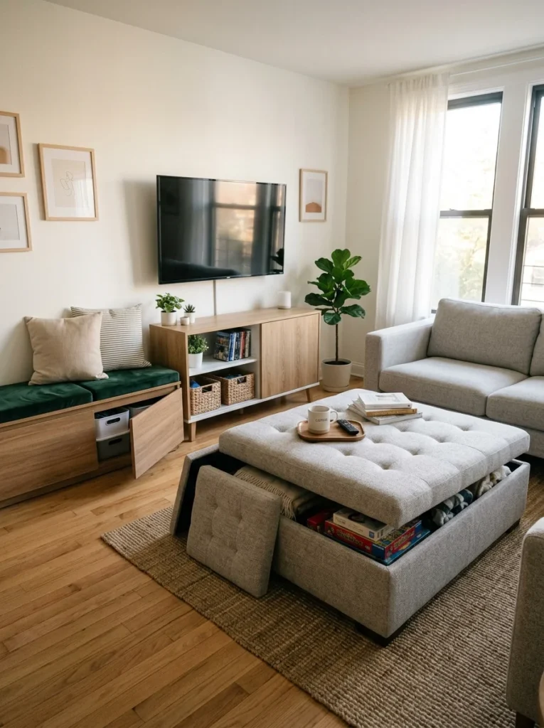 Small living room using storage ottoman and multifunctional furniture to save space.