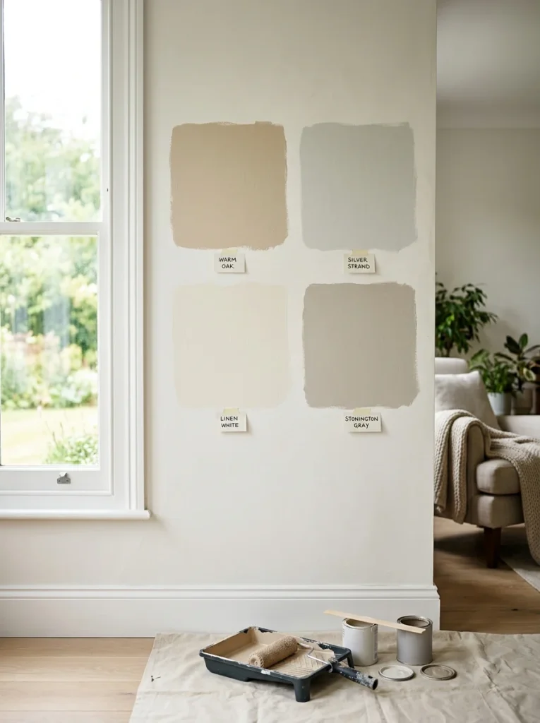 Large paint sample swatches applied directly to a living room wall for accurate color testing.