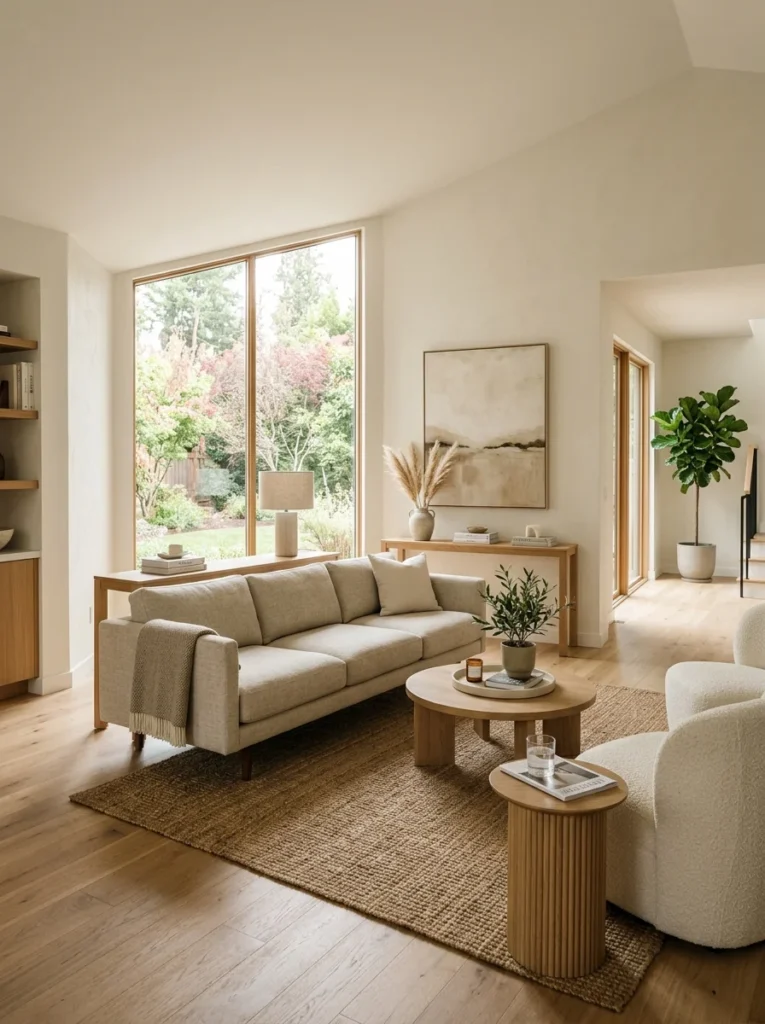 Floating sofa arrangement creating a defined seating area inside an irregular living room.