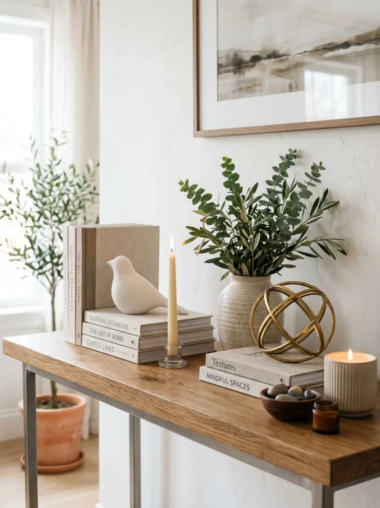 Decorative items grouped in odd numbers on a console table.